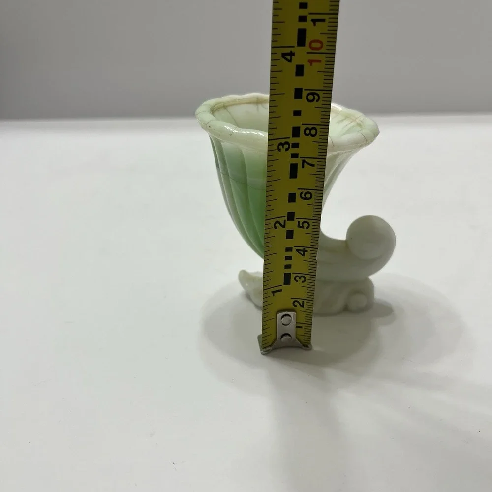 Vintage Green White Swirl Slag Glass Cornucopia Miniature Vase Toothpick Holder